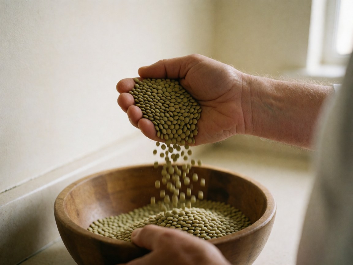 A hand pours green lentils into a wooden bowl in a kitchen with natural light, highlighting healthy food texture and nutrition.