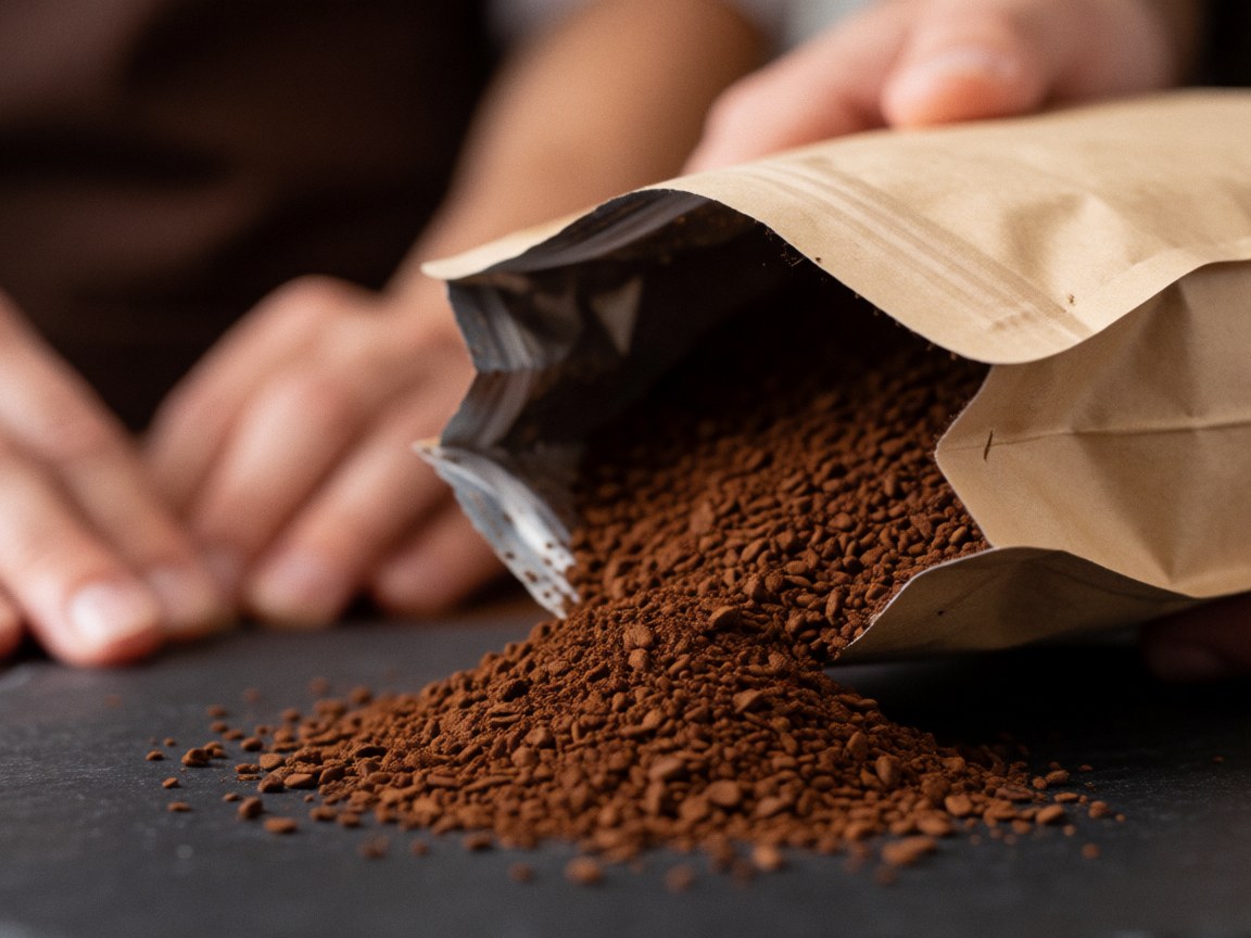 Ground coffee pouring from a paper bag onto a dark surface, hands working, rich natural texture ideal for coffee and cacao businesses.