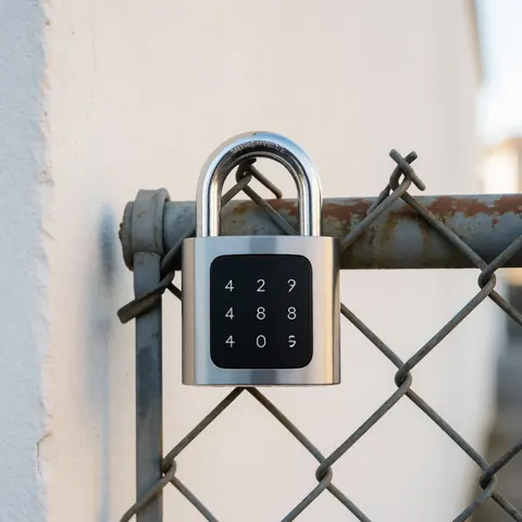 Close-up of a sturdy metallic smart padlock featuring a digital keypad for secure access, highlighting modern security technology for homes and businesses.