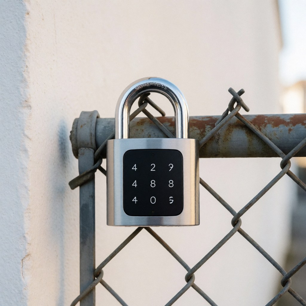 Close-up of a sturdy metallic smart padlock featuring a digital keypad for secure access, highlighting modern security technology for homes and businesses.