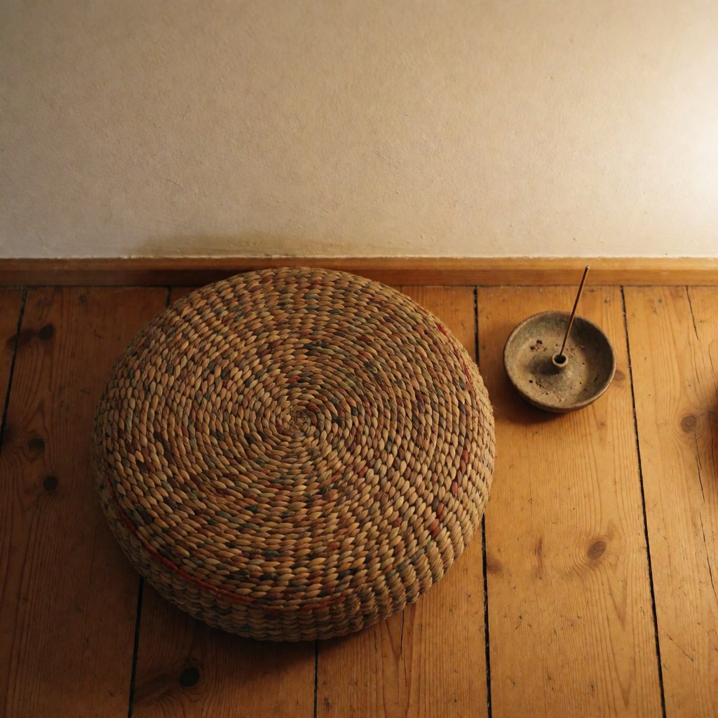 A woven meditation cushion and incense burner rest on a wooden floor against a white wall, creating a warm, relaxing atmosphere for mindfulness and wellness.