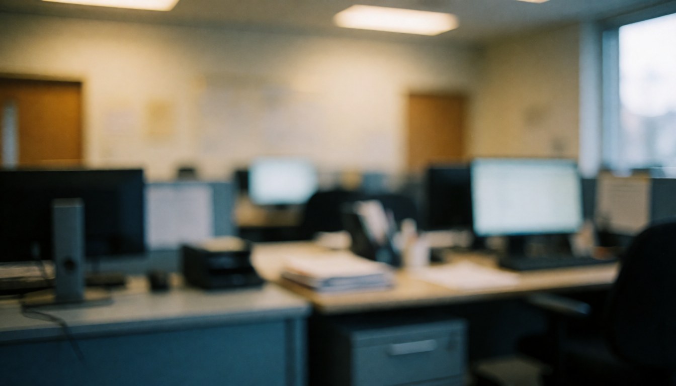 A soft focus background of an empty office workspace featuring a desk, computer monitor, and chair in neutral tones suitable for professional presentations