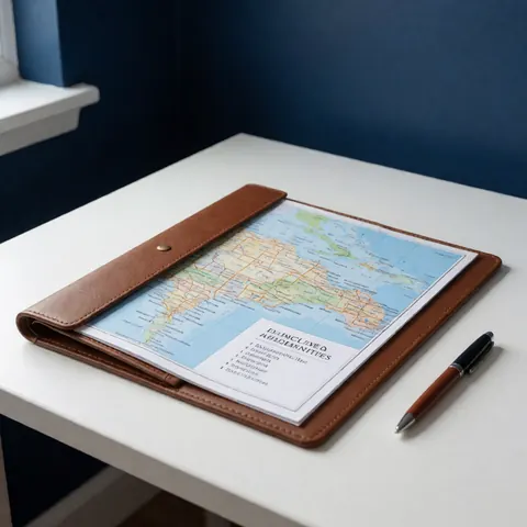 Travel folder containing a map and amenities list on a white table with a pen, ideal for travel agencies
