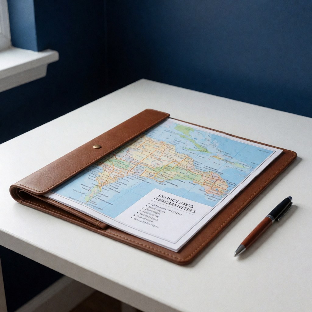 Travel folder containing a map and amenities list on a white table with a pen, ideal for travel agencies
