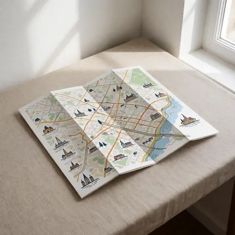 A detailed unfolded local tourist map displayed on a flat surface, showing streets and landmarks for navigation and travel planning.