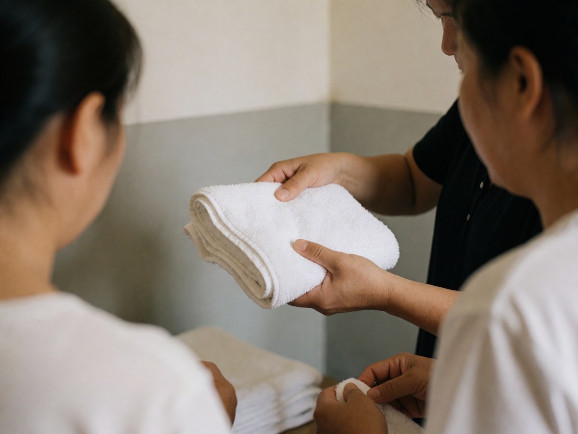 Hands carefully folding clean white towels in a soft-lit room with gray walls, highlighting community service and preparation.