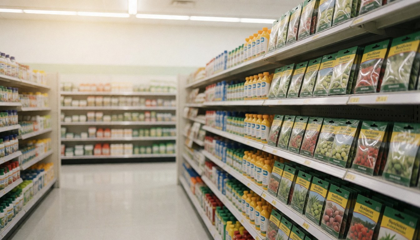 Clean aisle in an agricultural supply store featuring shelves stocked with seeds and products, with a blurred background ideal for text overlay.