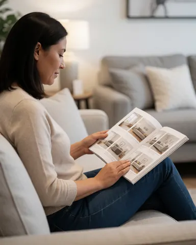 A woman sits on a modern sofa in a contemporary living room, browsing a furniture catalog under warm lighting.
