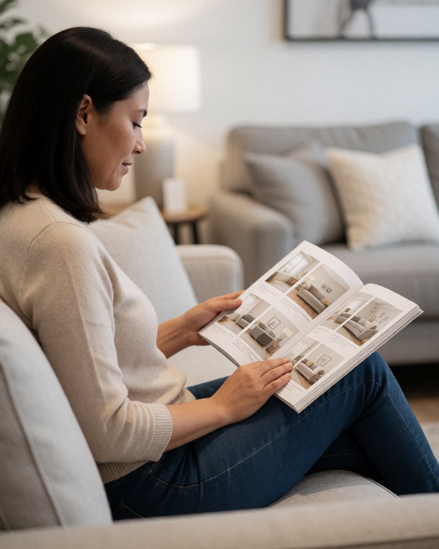 A woman sits on a modern sofa in a contemporary living room, browsing a furniture catalog under warm lighting.