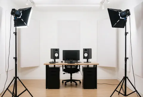 A clean white recording studio with a wooden desk, computer, speakers, and professional lighting equipment for online course production