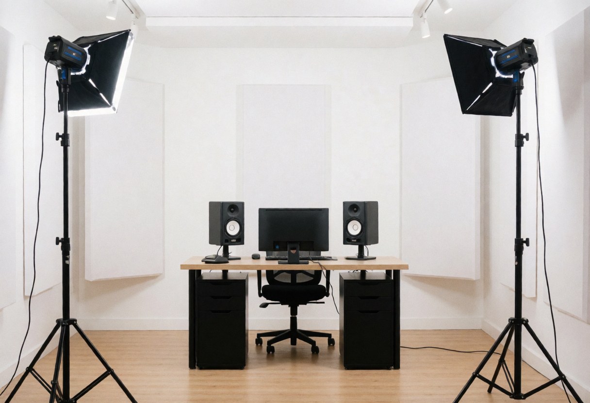A clean white recording studio with a wooden desk, computer, speakers, and professional lighting equipment for online course production