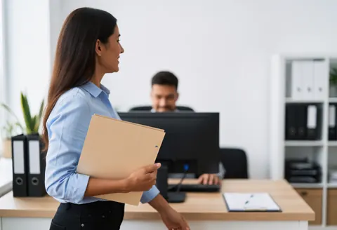 A professional woman walks through a modern office holding a folder, with computers and filing cabinets visible in the background.