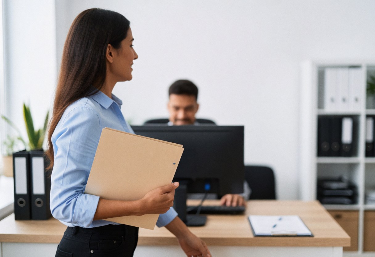 A professional woman walks through a modern office holding a folder, with computers and filing cabinets visible in the background.