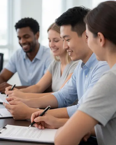 University students sitting at a table reviewing documents and smiling in a modern office with natural light, working together and collaborating.