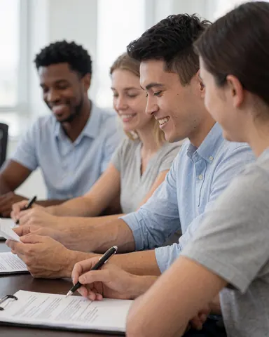 University students sitting at a table reviewing documents and smiling in a modern office with natural light, working together and collaborating.