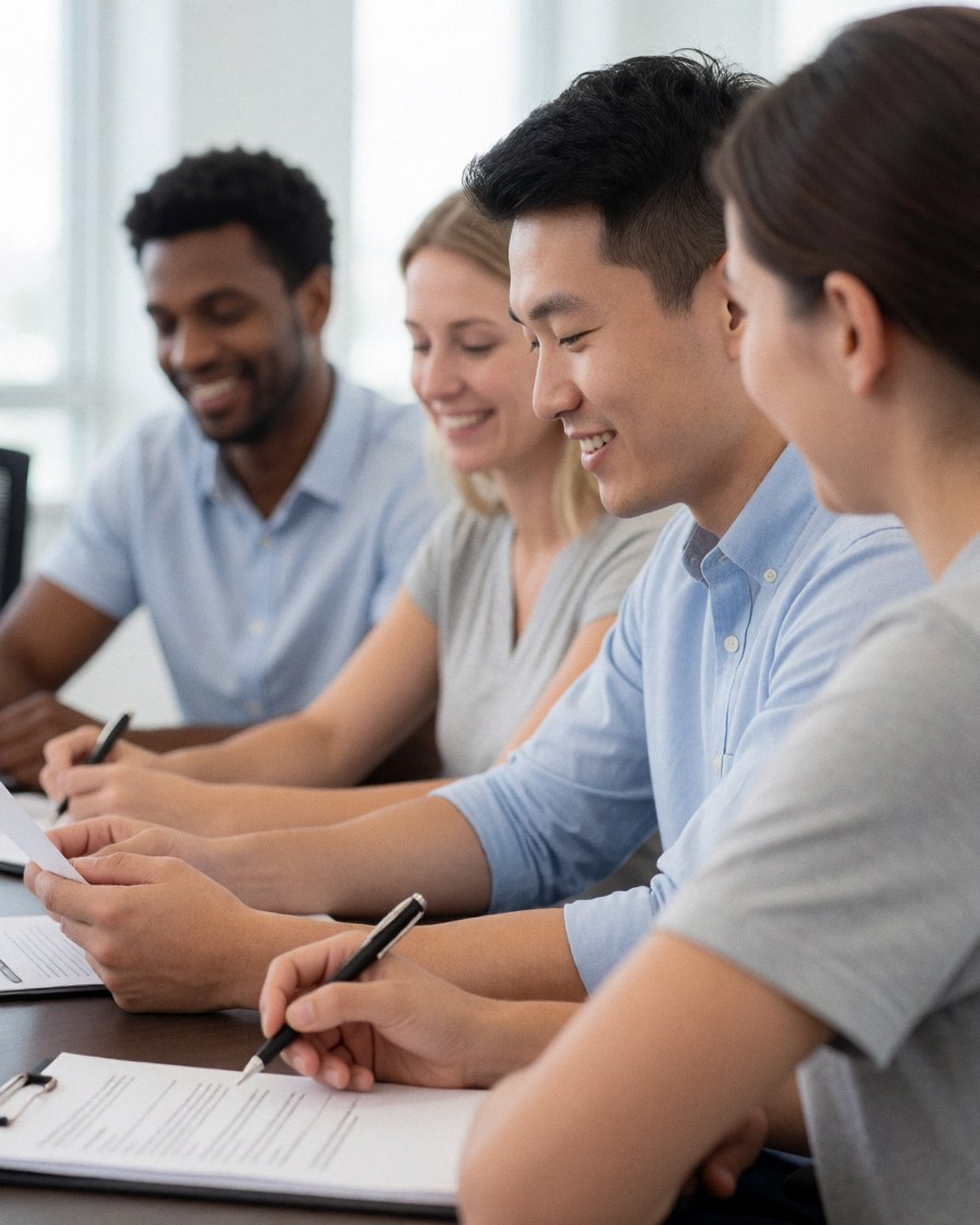University students sitting at a table reviewing documents and smiling in a modern office with natural light, working together and collaborating.