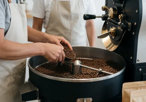 Close-up of hands checking roasted coffee beans on a cooling tray with an industrial roaster in the background