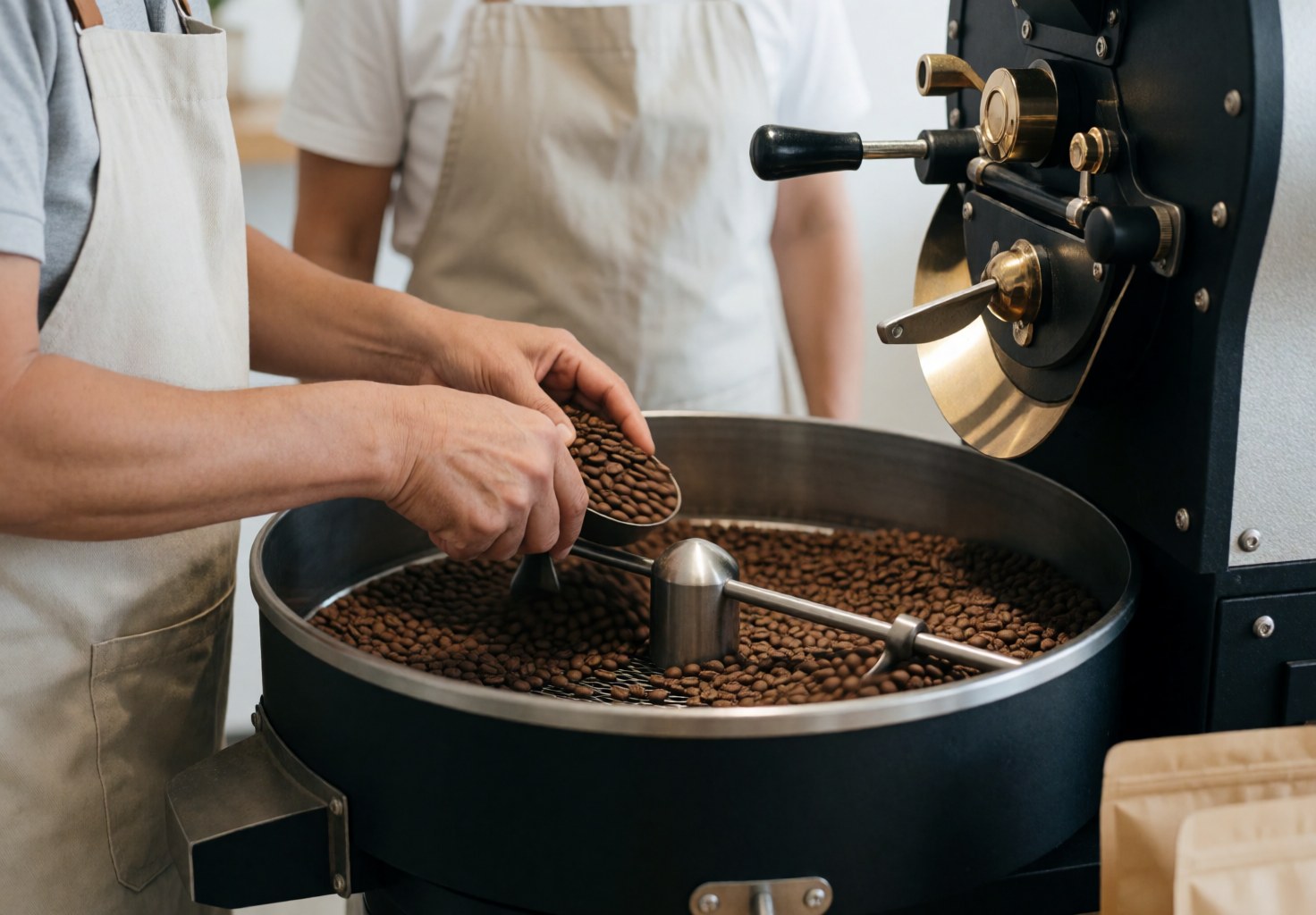 Close-up of hands checking roasted coffee beans on a cooling tray with an industrial roaster in the background
