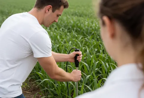 A young farmer uses a tool to measure soil moisture in a green crop field while another person stands nearby observing the process.