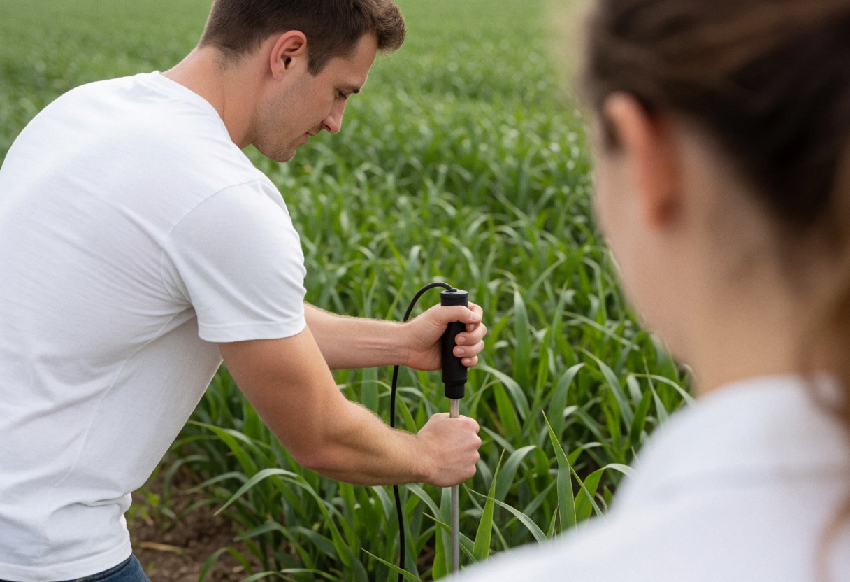 A young farmer uses a tool to measure soil moisture in a green crop field while another person stands nearby observing the process.