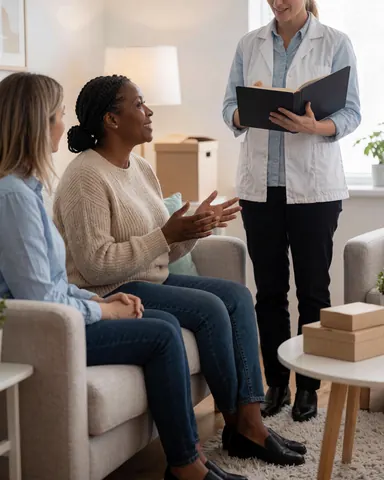 A female therapist in a white coat holds a book while speaking with two seated clients on a sofa in a bright consultation room with boxes and a table.