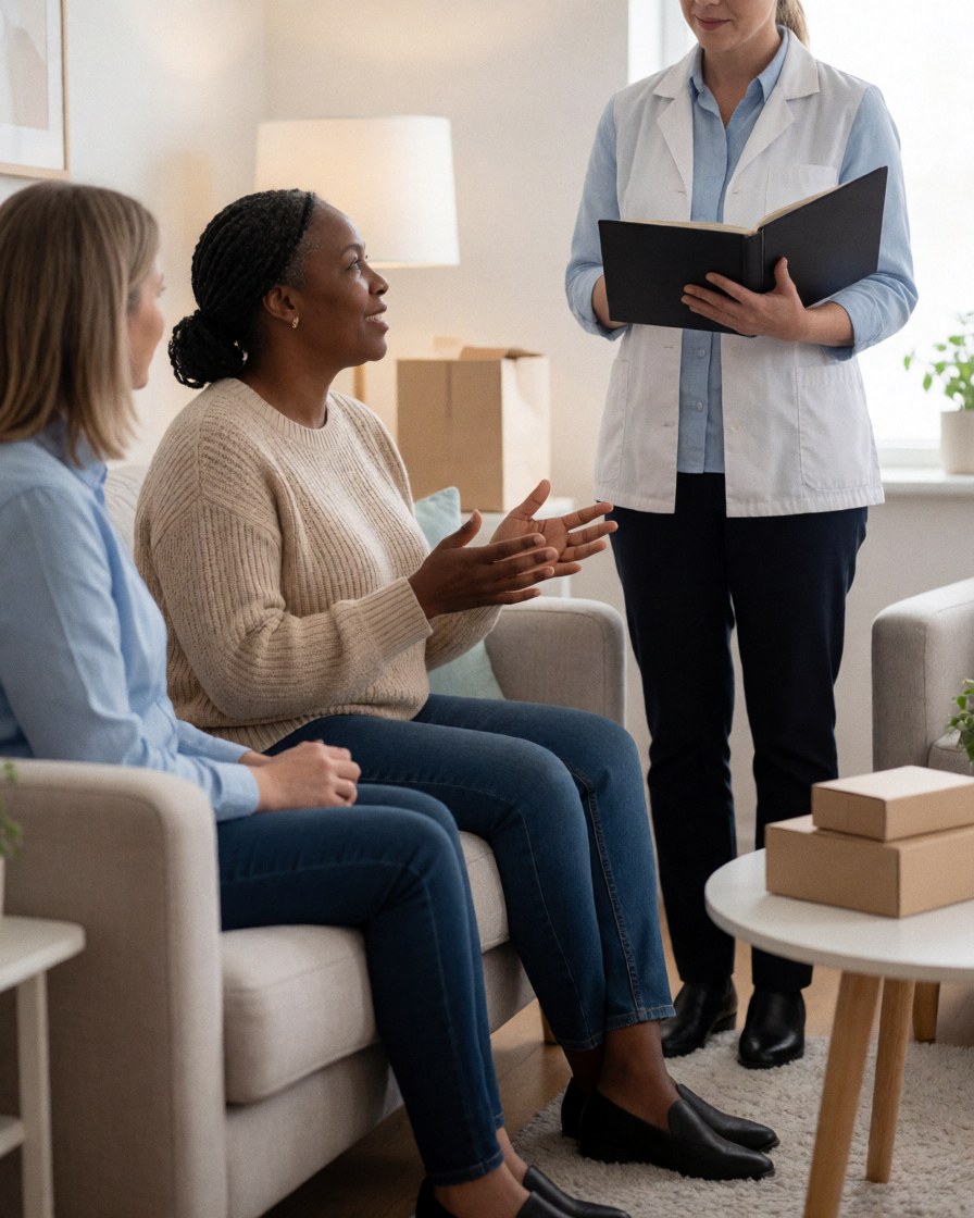 A female therapist in a white coat holds a book while speaking with two seated clients on a sofa in a bright consultation room with boxes and a table.