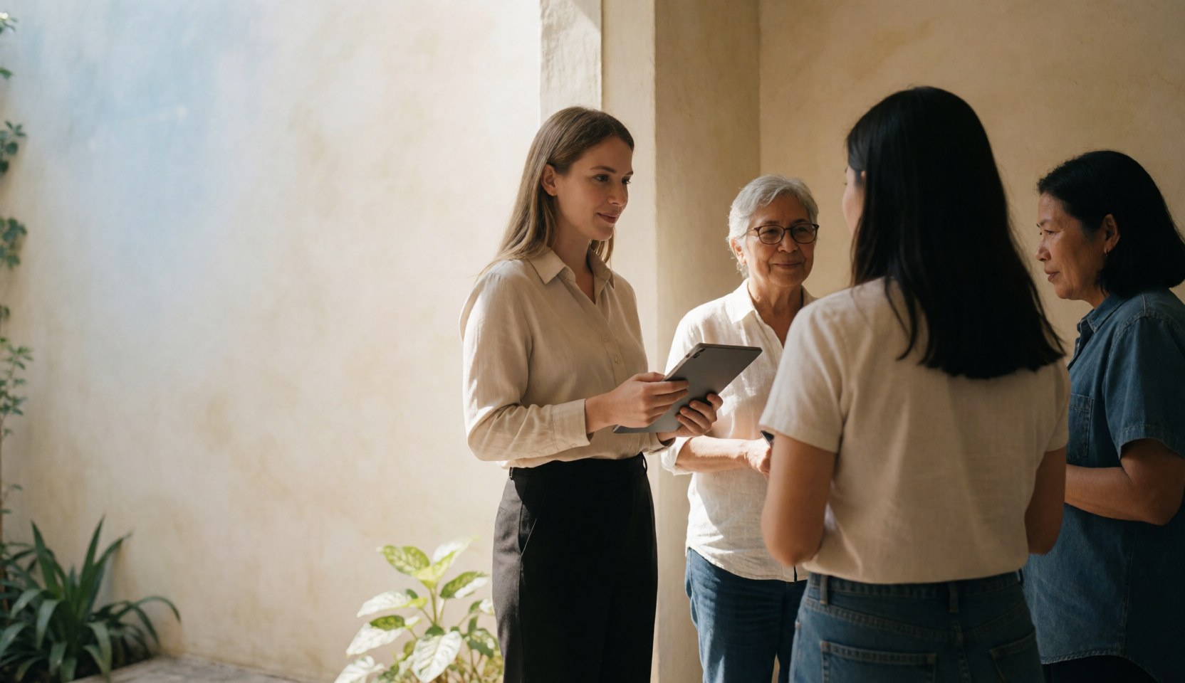 Female HR manager holding a tablet discusses with three colleagues in a bright modern office with plants and light walls.