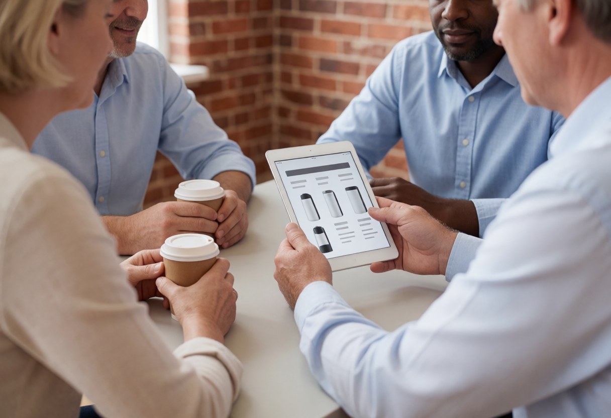 A salesperson displays product options on a tablet to a happy customer in a modern office setting with a brick wall background.