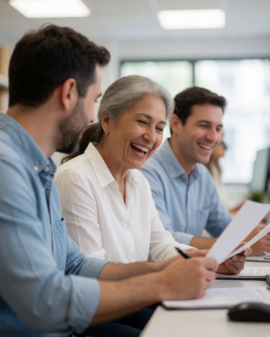 Three customer service agents smiling while reviewing documents and working on computers in a bright, professional office environment.