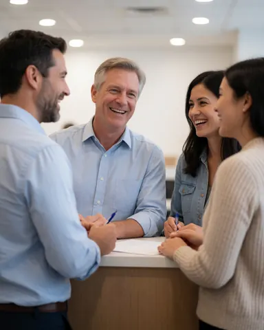 Four smiling professionals signing documents at an office desk during a business meeting.