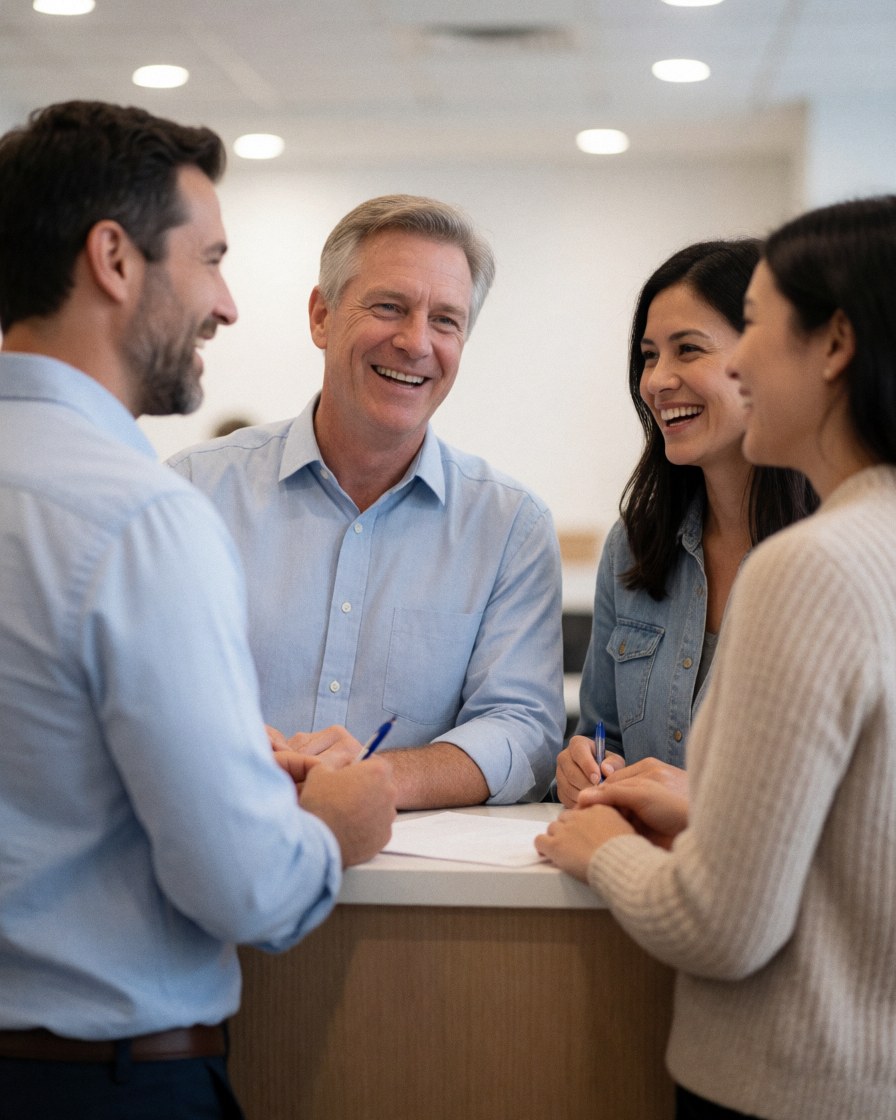 Four smiling professionals signing documents at an office desk during a business meeting.