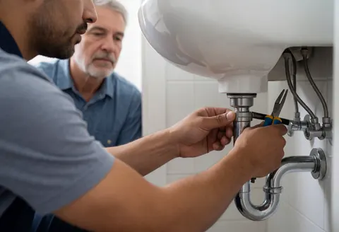 A plumber repairs a kitchen sink using pliers while a customer watches from behind in a home setting