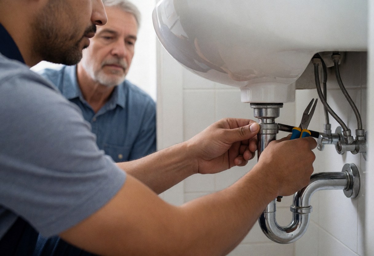 A plumber repairs a kitchen sink using pliers while a customer watches from behind in a home setting
