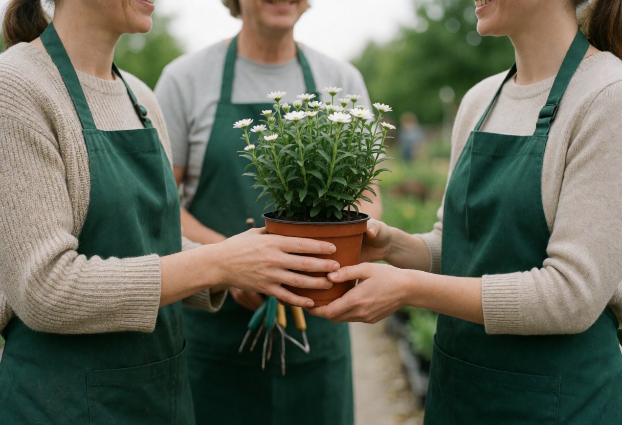 A female landscaper in a green apron hands a potted plant to a smiling customer in a garden, both holding gardening tools.