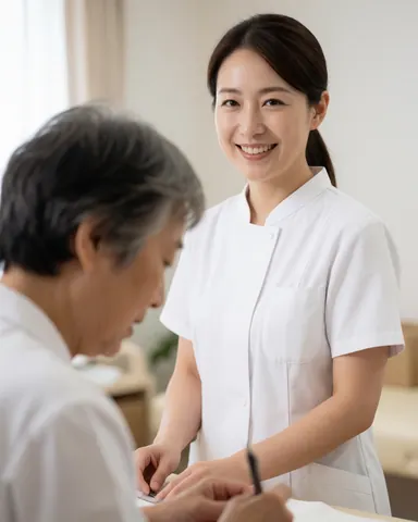 A smiling therapist in a white uniform attends to a client in a clean, well-lit room with a blurred background and soft lighting.