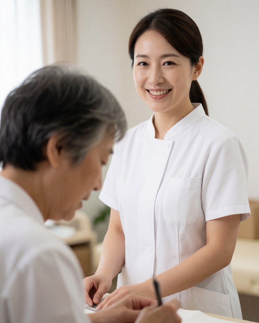 A smiling therapist in a white uniform attends to a client in a clean, well-lit room with a blurred background and soft lighting.