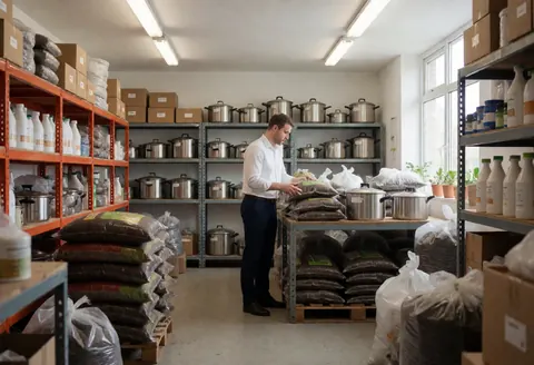 A gardener organizes soil bags and pots in a garden supply warehouse with stocked shelves and fluorescent lighting