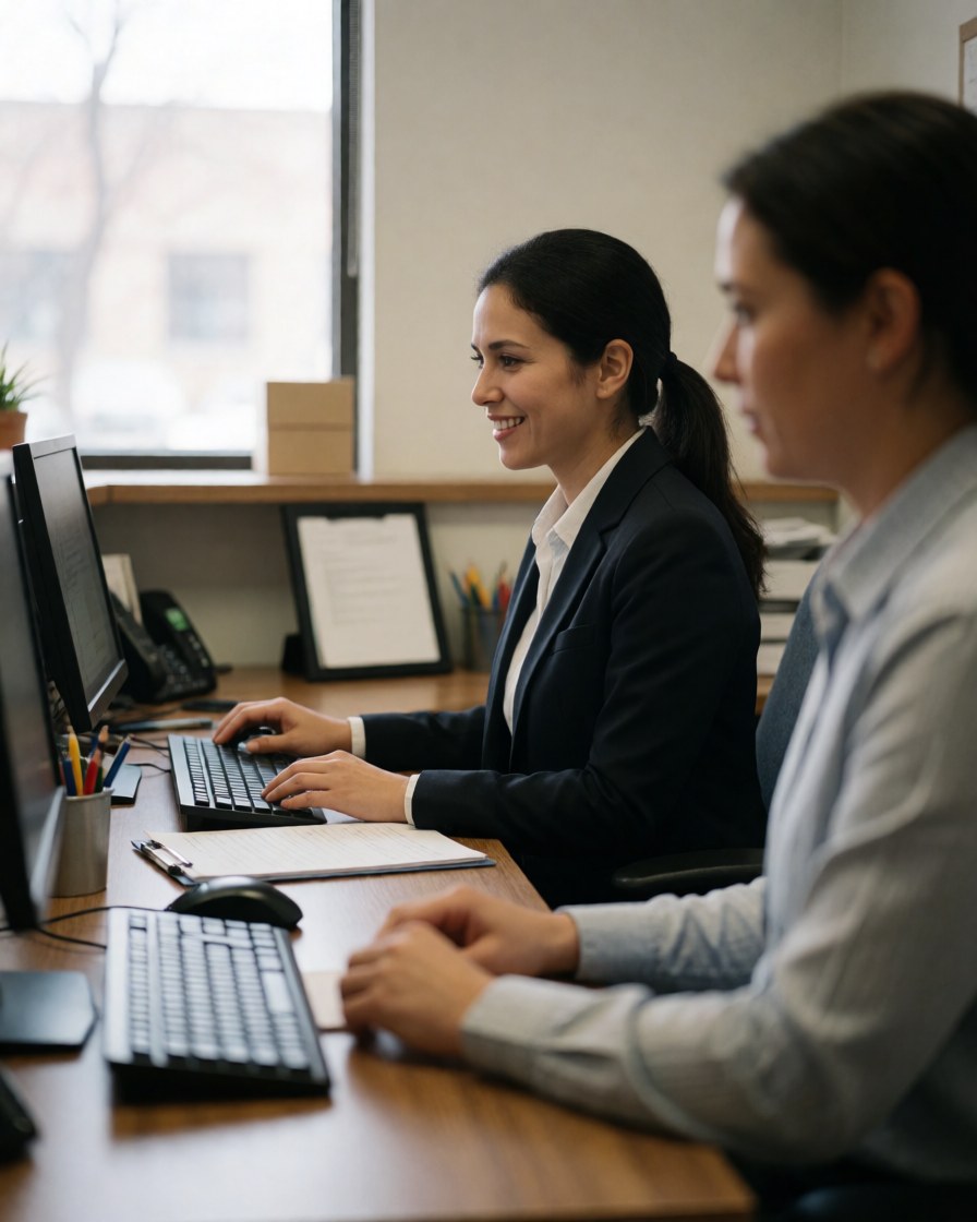 Professional portrait of a smiling receptionist working at a clean, well-lit desk with a computer and phone in a modern corporate office.
