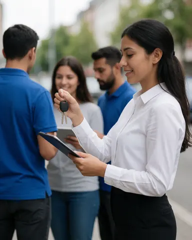A driving school professional hands car keys to a satisfied client on a city street while holding a tablet, creating a realistic and professional atmosphere.