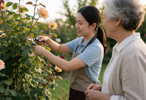 A female landscaper in an apron cuts roses with shears while an older female client watches in a garden.