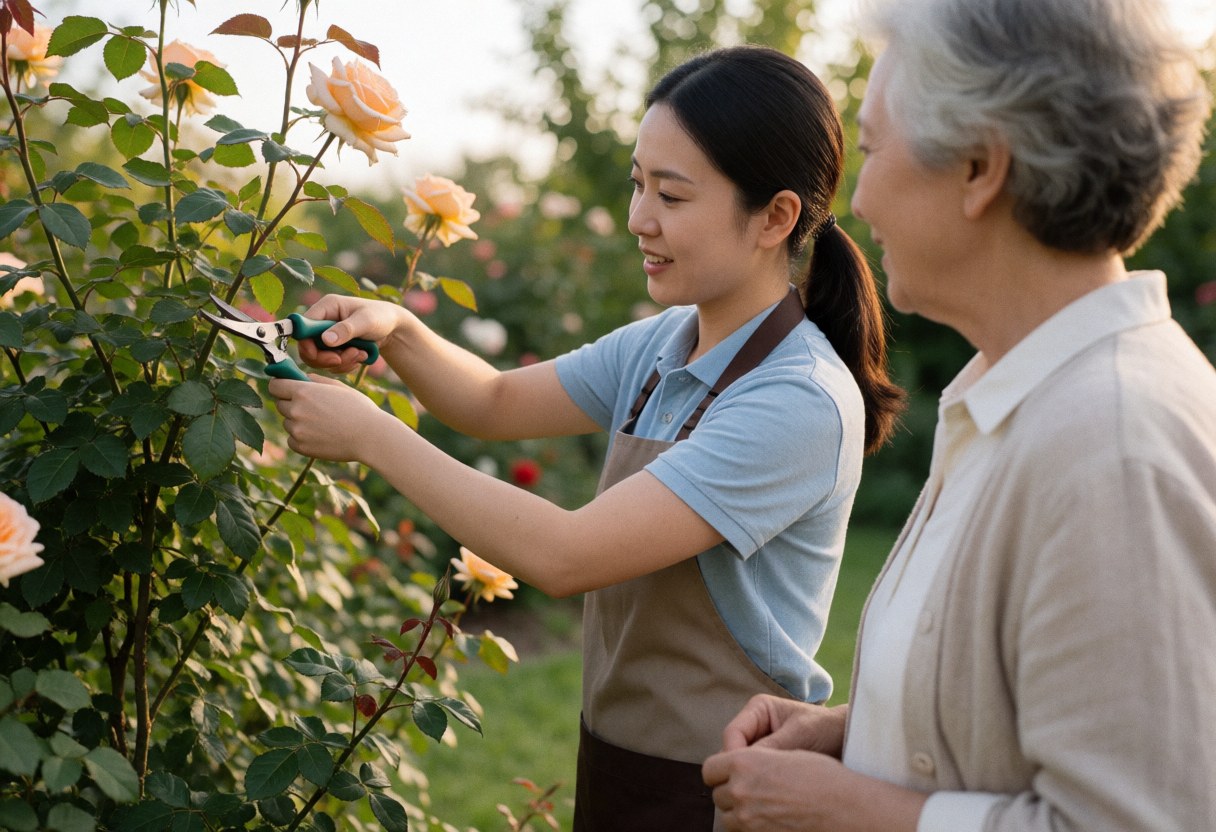 A female landscaper in an apron cuts roses with shears while an older female client watches in a garden.