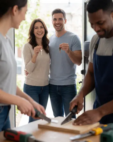A happy couple standing outdoors holding new house keys, celebrating their new home with smiles and natural sunlight in the background.