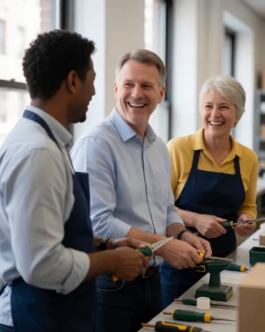 Three workers smiling while using tools in a workshop, showing a professional and friendly team atmosphere.