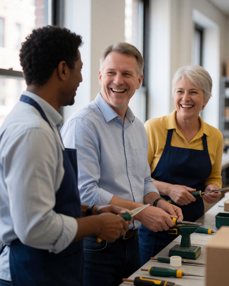 Three workers smiling while using tools in a workshop, showing a professional and friendly team atmosphere.