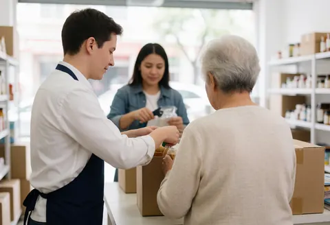 A salesperson assists an older customer in packing products into a cardboard box at a store counter with shelves in the background.