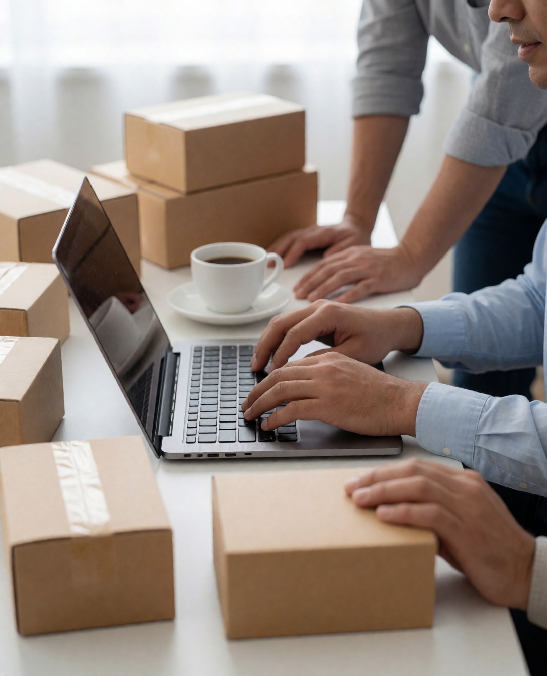 Online store owner working on a laptop surrounded by product boxes and a coffee cup on a white desk in a home office.