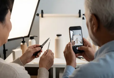 A seller takes a product photo with a smartphone in a clean home studio setup for online sales.
