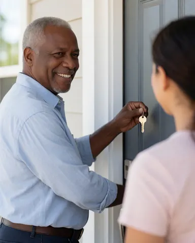 A smiling man hands house keys to a woman in front of a new home entrance, symbolizing satisfaction and trust in the real estate purchase.