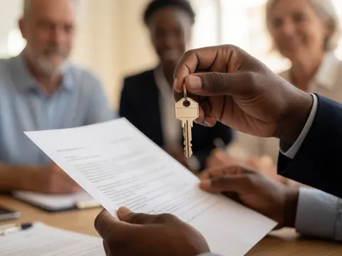 Close-up of hands exchanging house keys and legal documents on a wooden desk, symbolizing a real estate closing.