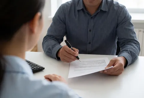 A man and woman in business attire sit at an office desk where the man signs a document while the woman observes, with a computer nearby in a bright professional setting